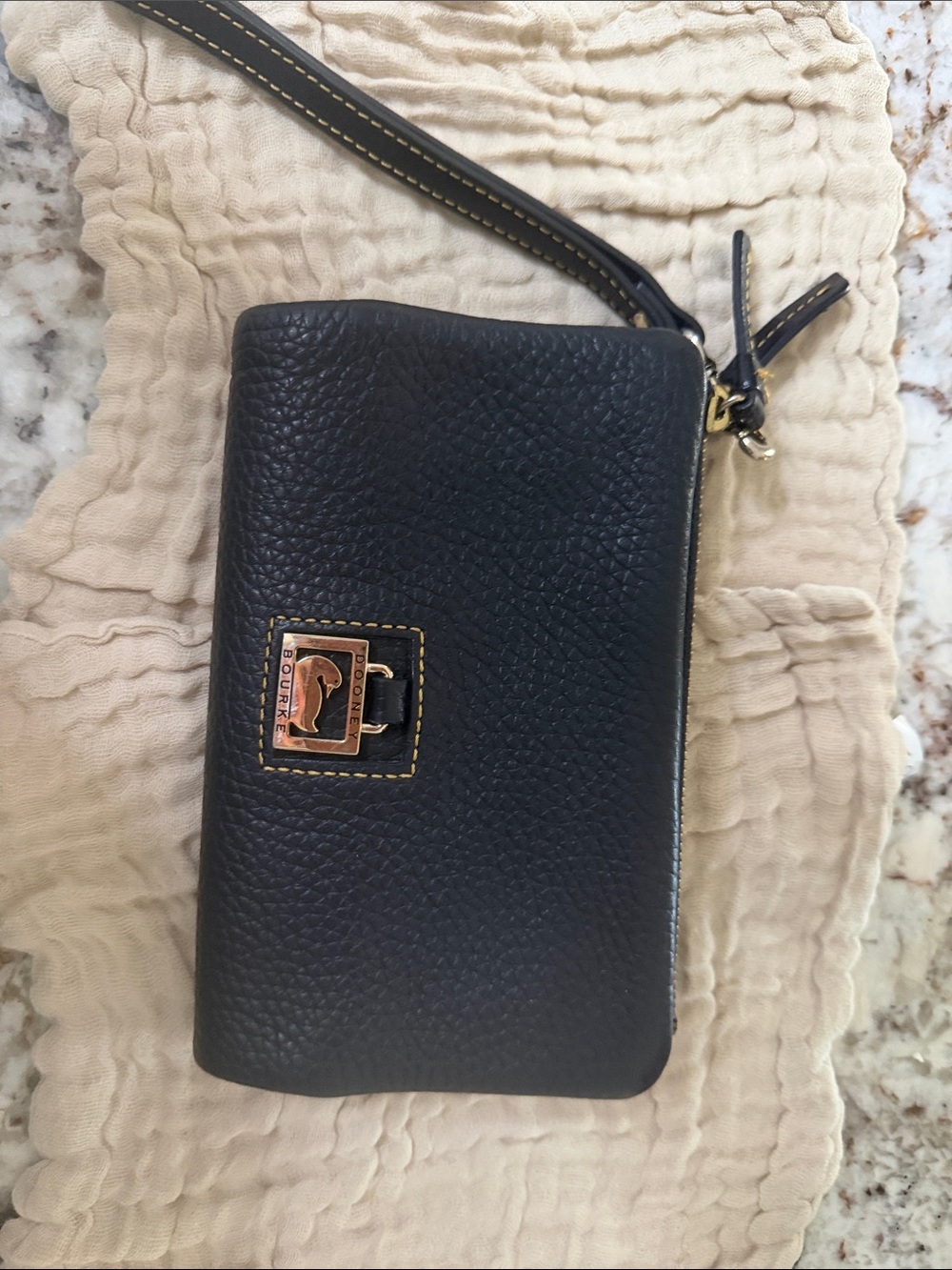 Dooney & Bourke Black Pebbled Leather Zip Wristlet with Gold Accent